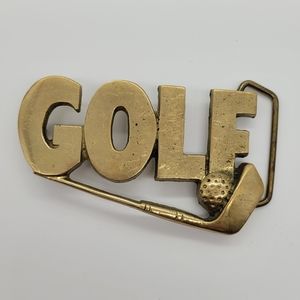 Solid brass golf club & ball belt buckle